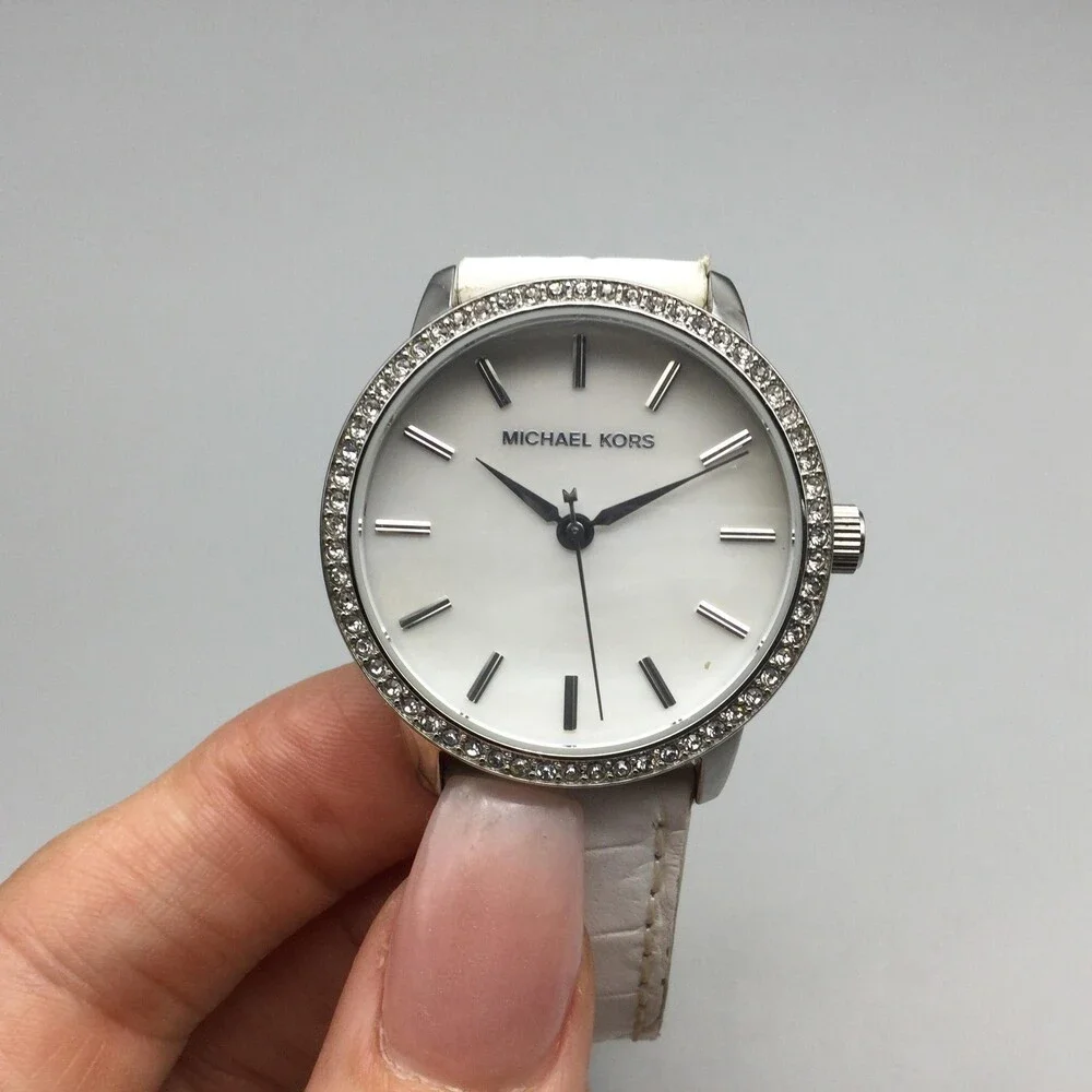 Michael Kors Womens Watch 35mm MOP Dial Crystal Leather MK-2168 New Battery